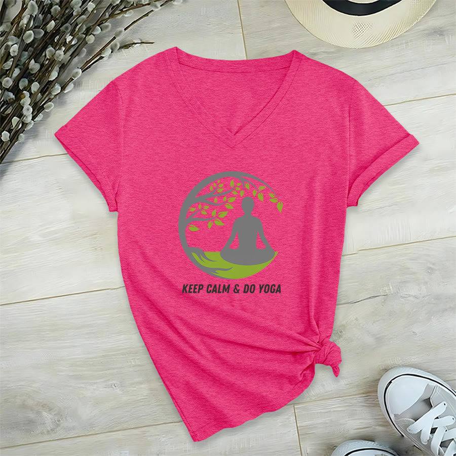 T-shirt Olivenorma Keep Calm & Do Yoga avec motif d'arbre circulaire et col en V pour femme - Rose rouge - 2XL - image 33