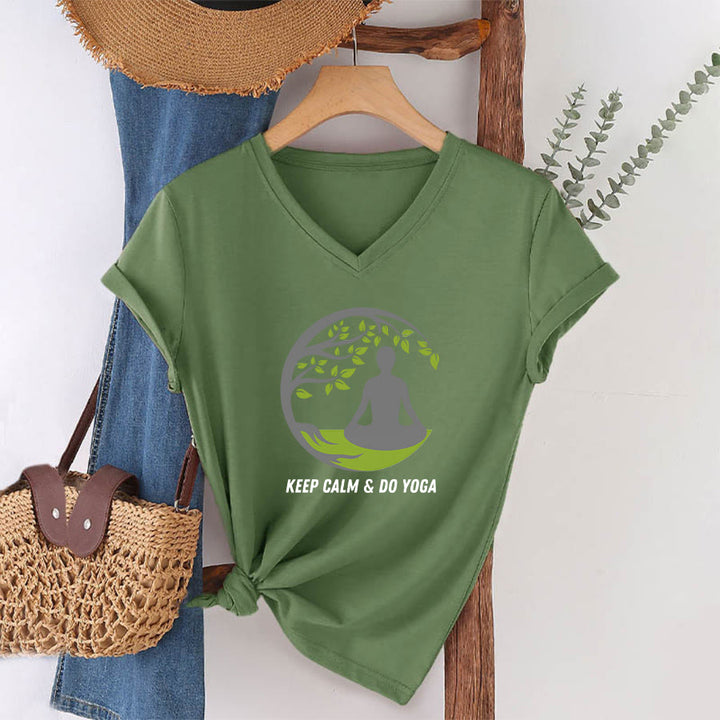 T-shirt Olivenorma Keep Calm & Do Yoga avec motif d'arbre circulaire et col en V pour femme - image 7