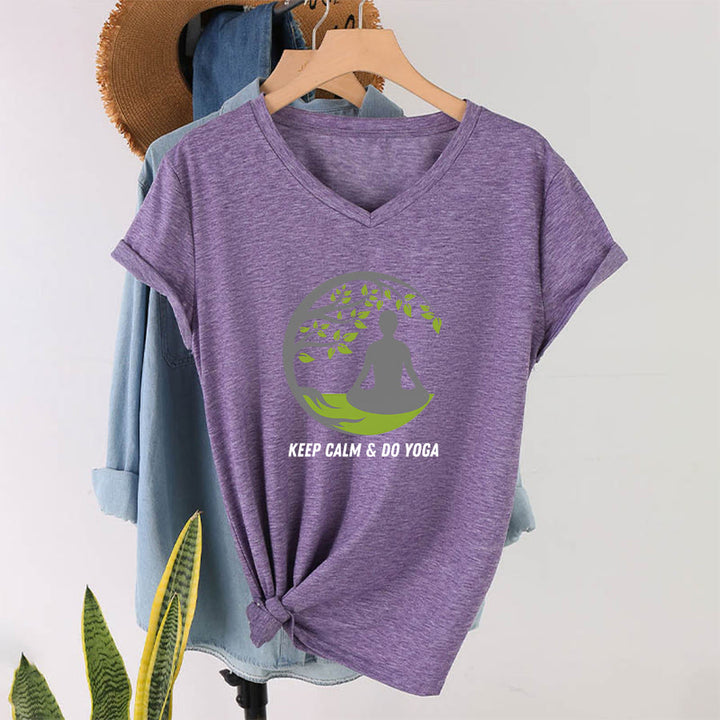 T-shirt Olivenorma Keep Calm & Do Yoga avec motif d'arbre circulaire et col en V pour femme - image 37