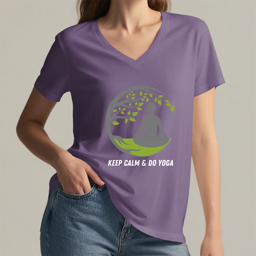 T-shirt Olivenorma Keep Calm & Do Yoga avec motif d'arbre circulaire et col en V pour femme - image 38