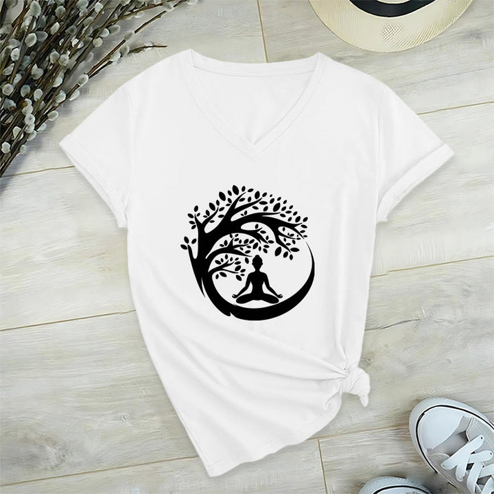 T-shirt à col en V pour femme Olivenorma Enso Circle Tree Branch Meditation Silhouette Graphic - Blanc - 2XL - image 3
