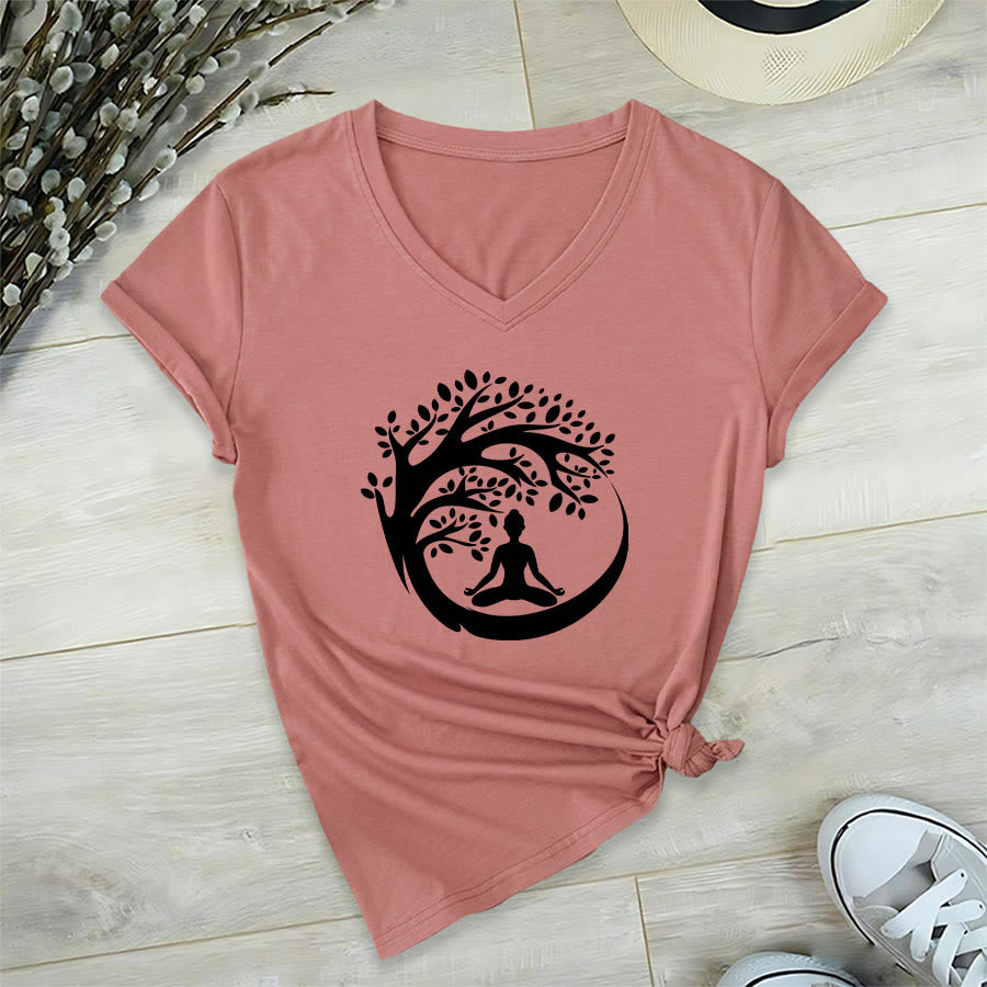 T-shirt à col en V pour femme Olivenorma Enso Circle Tree Branch Meditation Silhouette Graphic - Rose - 2XL - image 0