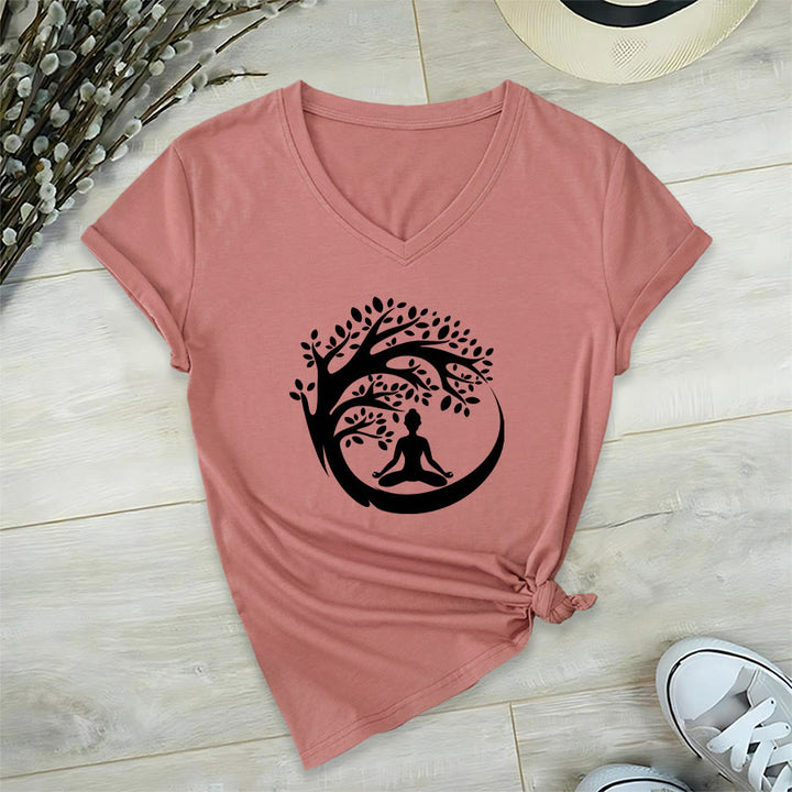 T-shirt à col en V pour femme Olivenorma Enso Circle Tree Branch Meditation Silhouette Graphic - Rose - 2XL - image 0