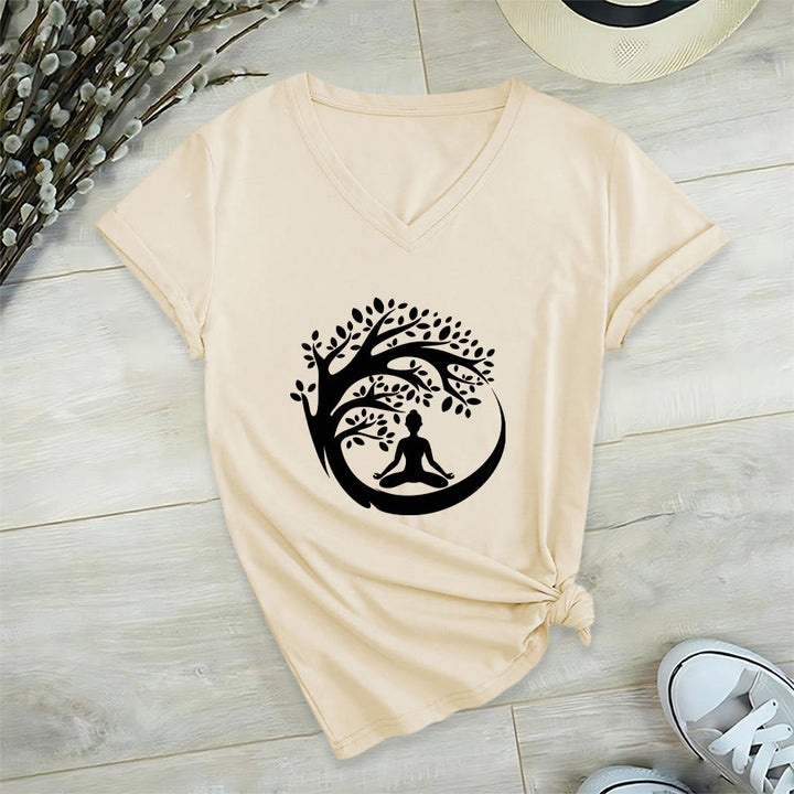 T-shirt à col en V pour femme Olivenorma Enso Circle Tree Branch Meditation Silhouette Graphic - Kaki - 2XL - image 12