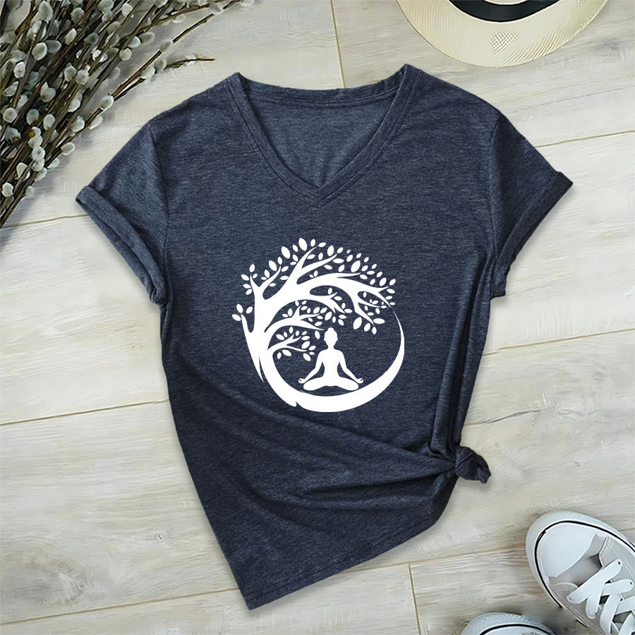 T-shirt à col en V pour femme Olivenorma Enso Circle Tree Branch Meditation Silhouette Graphic - Bleu marine - 2XL - image 24