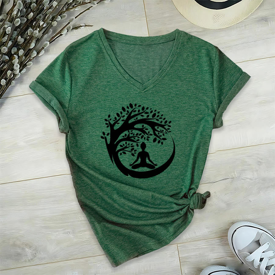 T-shirt à col en V pour femme Olivenorma Enso Circle Tree Branch Meditation Silhouette Graphic - Vert foncé - 2XL - image 6