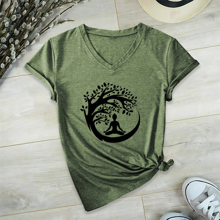 T-shirt à col en V pour femme Olivenorma Enso Circle Tree Branch Meditation Silhouette Graphic - Vert olive - 2XL - image 9