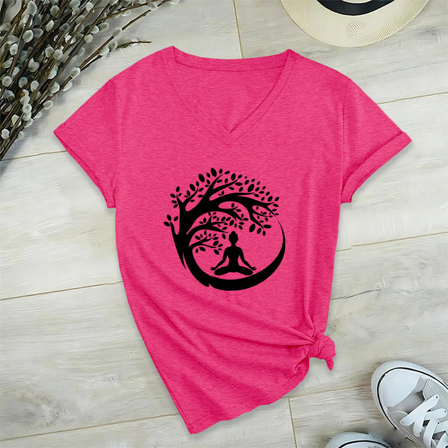 T-shirt à col en V pour femme Olivenorma Enso Circle Tree Branch Meditation Silhouette Graphic - Rose rouge - 2XL - image 33