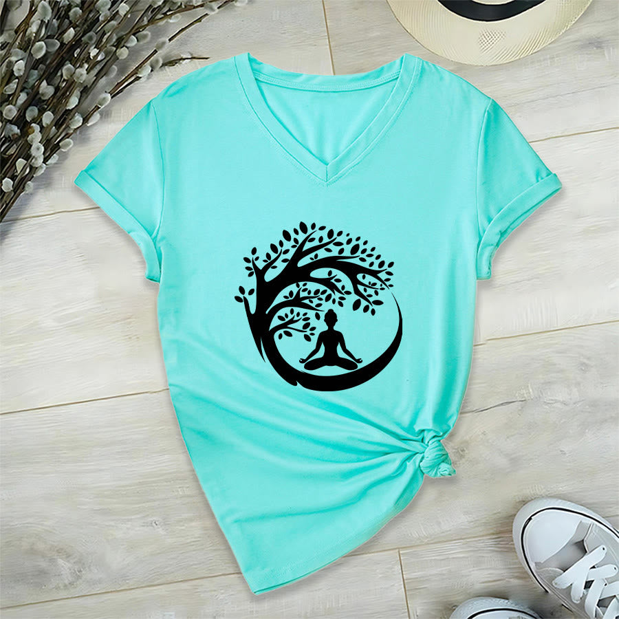 T-shirt à col en V pour femme Olivenorma Enso Circle Tree Branch Meditation Silhouette Graphic - Lac Bleu - 2XL - image 15