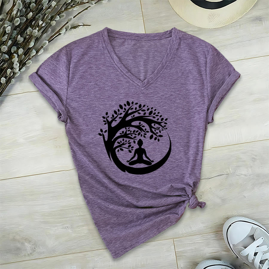 T-shirt à col en V pour femme Olivenorma Enso Circle Tree Branch Meditation Silhouette Graphic - Violet - 2XL - image 36