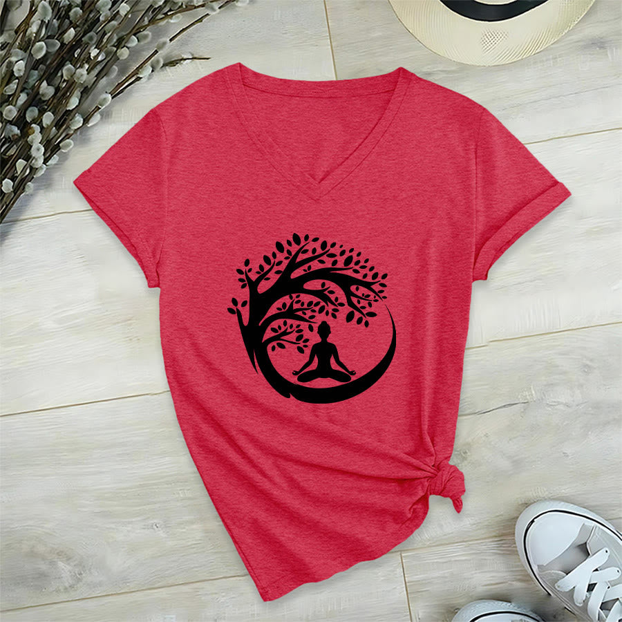 T-shirt à col en V pour femme Olivenorma Enso Circle Tree Branch Meditation Silhouette Graphic - Rouge - 2XL - image 27