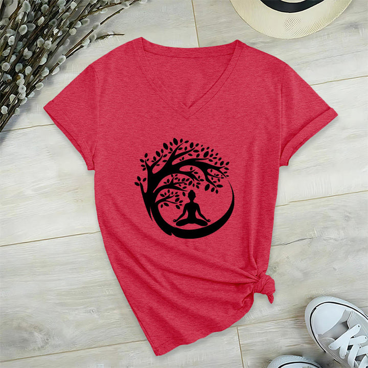 T-shirt à col en V pour femme Olivenorma Enso Circle Tree Branch Meditation Silhouette Graphic - Rouge - 2XL - image 27