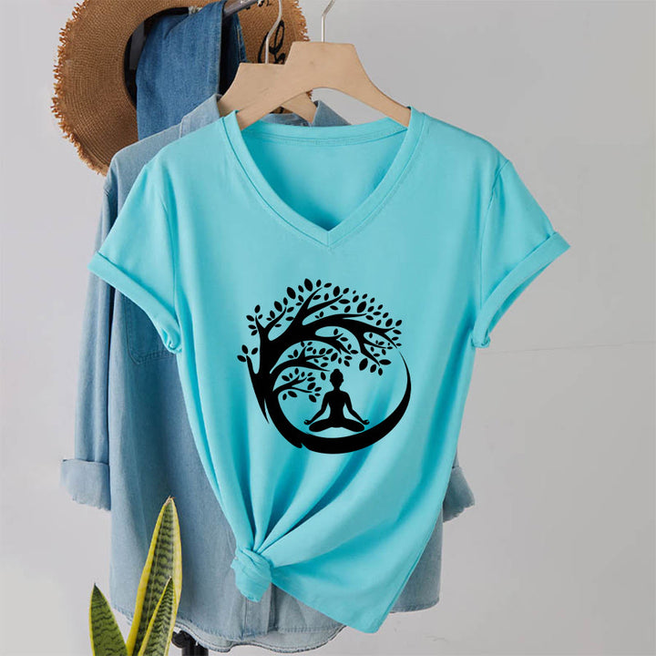 T-shirt à col en V pour femme Olivenorma Enso Circle Tree Branch Meditation Silhouette Graphic - image 16