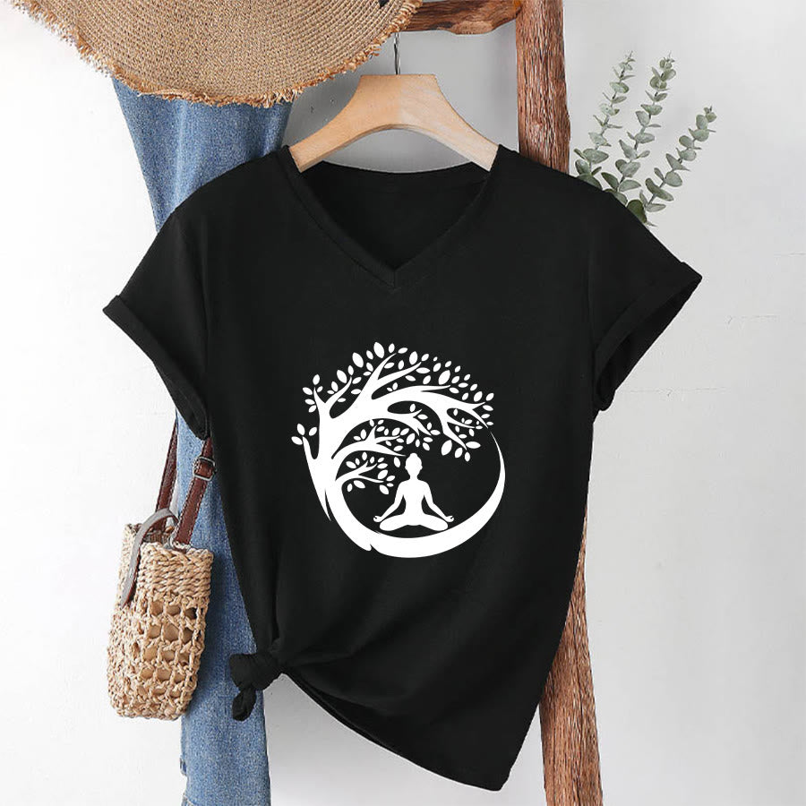T-shirt à col en V pour femme Olivenorma Enso Circle Tree Branch Meditation Silhouette Graphic - image 19
