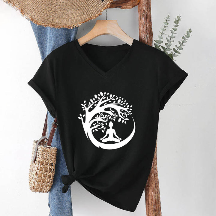 T-shirt à col en V pour femme Olivenorma Enso Circle Tree Branch Meditation Silhouette Graphic - image 19