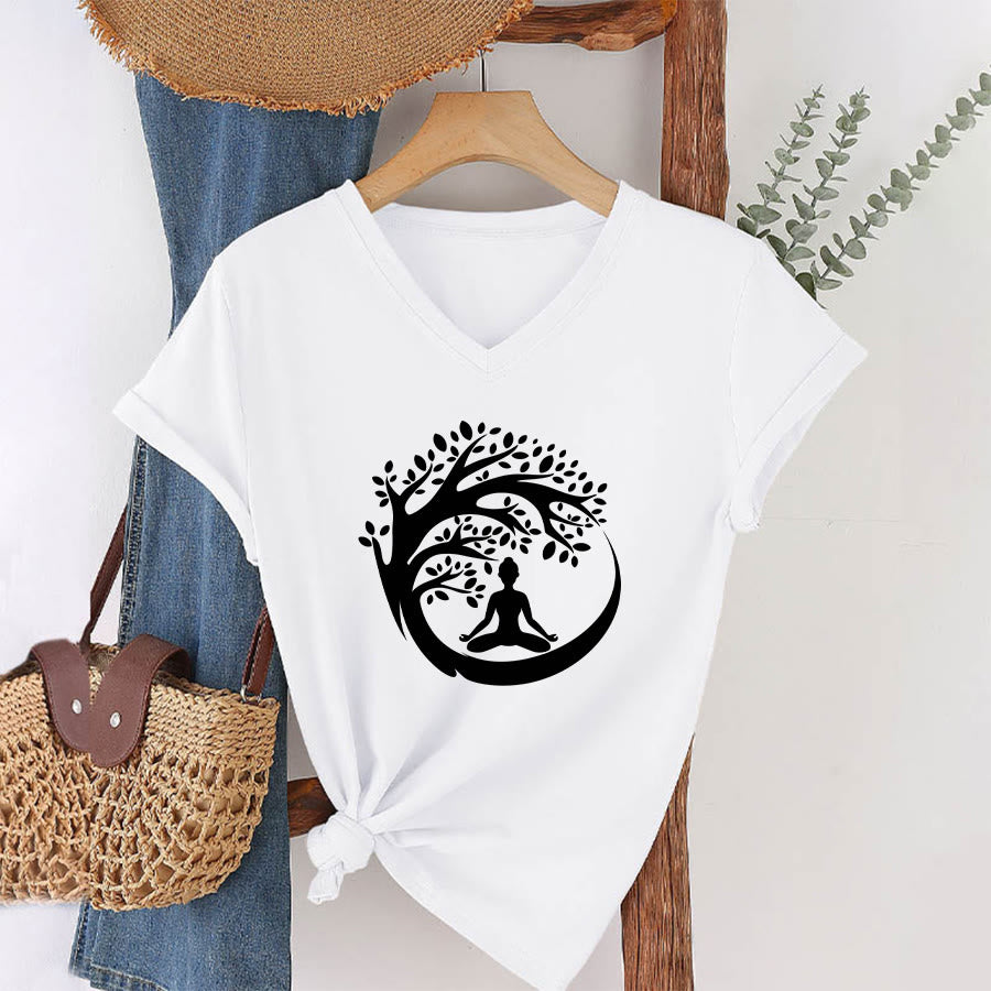 T-shirt à col en V pour femme Olivenorma Enso Circle Tree Branch Meditation Silhouette Graphic - image 4