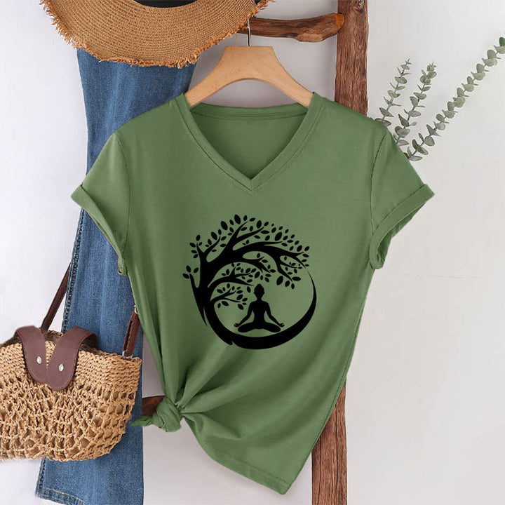 T-shirt à col en V pour femme Olivenorma Enso Circle Tree Branch Meditation Silhouette Graphic - image 10