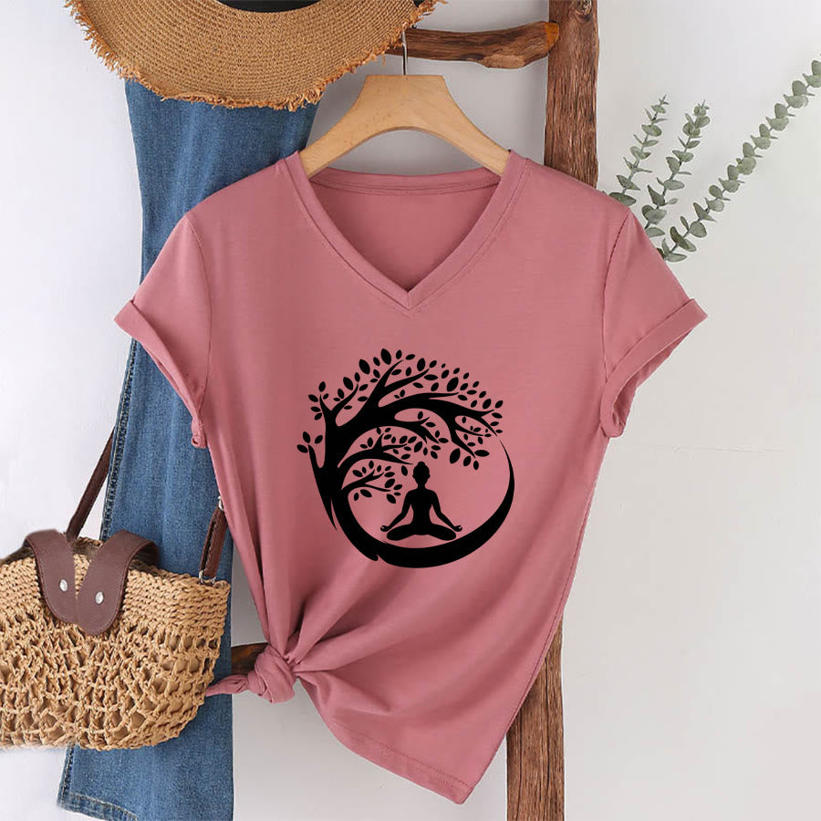 T-shirt à col en V pour femme Olivenorma Enso Circle Tree Branch Meditation Silhouette Graphic - image 1