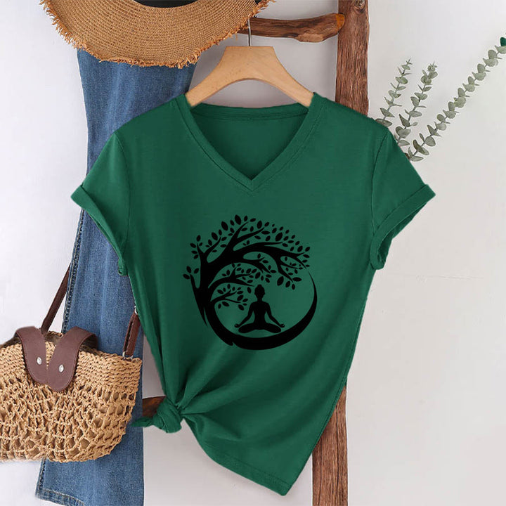 T-shirt à col en V pour femme Olivenorma Enso Circle Tree Branch Meditation Silhouette Graphic - image 7