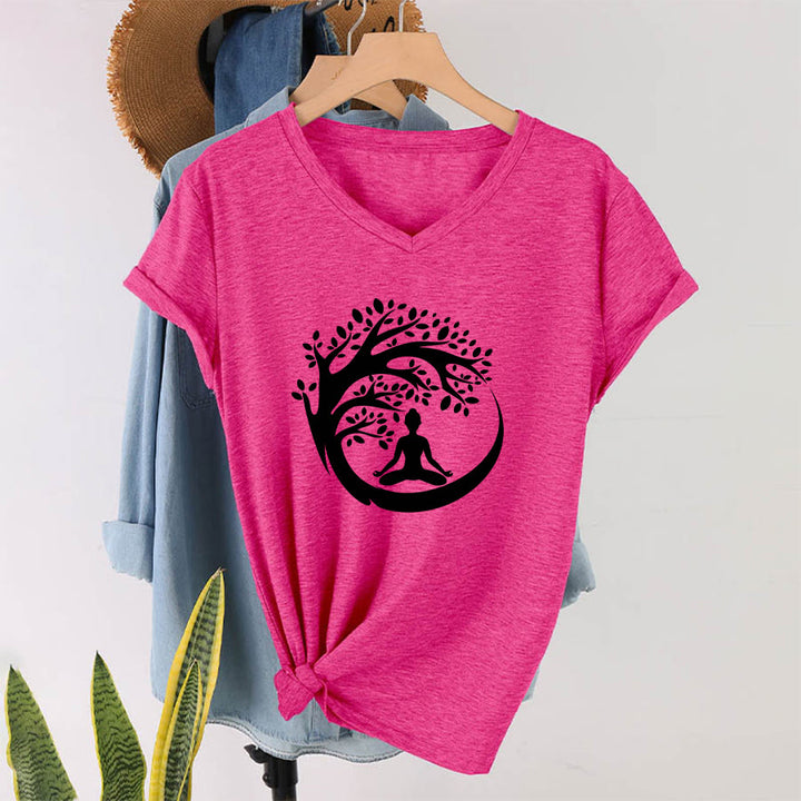 T-shirt à col en V pour femme Olivenorma Enso Circle Tree Branch Meditation Silhouette Graphic - image 34