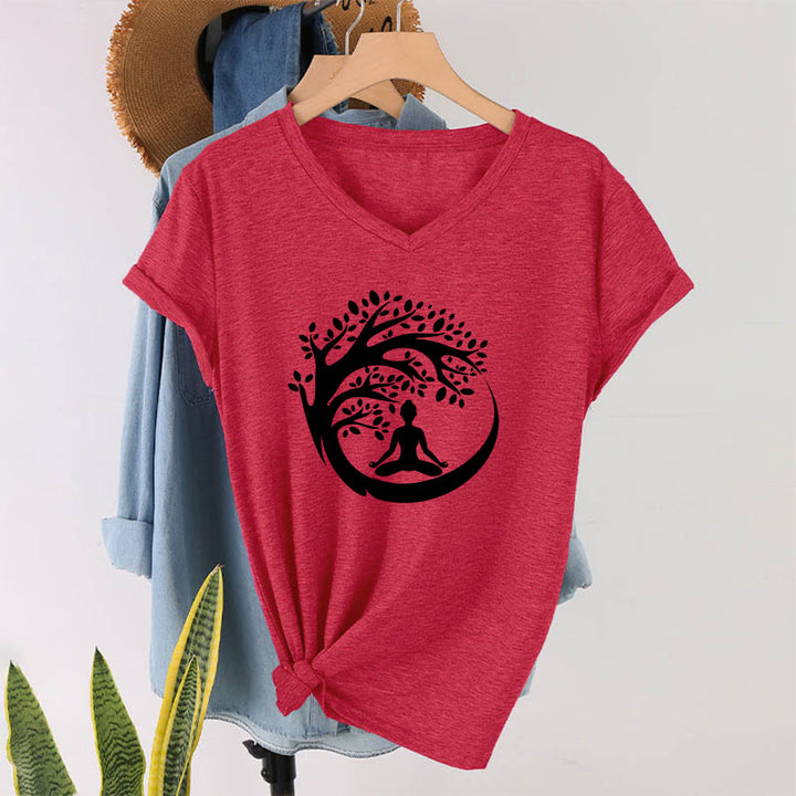 T-shirt à col en V pour femme Olivenorma Enso Circle Tree Branch Meditation Silhouette Graphic - image 28