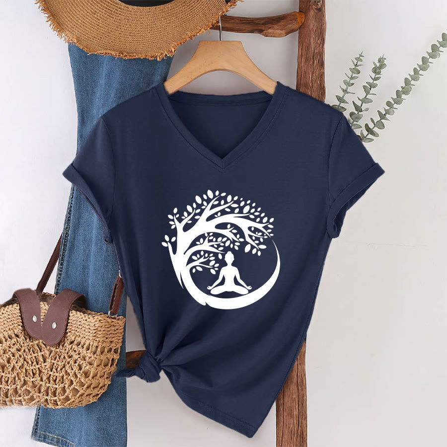 T-shirt à col en V pour femme Olivenorma Enso Circle Tree Branch Meditation Silhouette Graphic - image 25