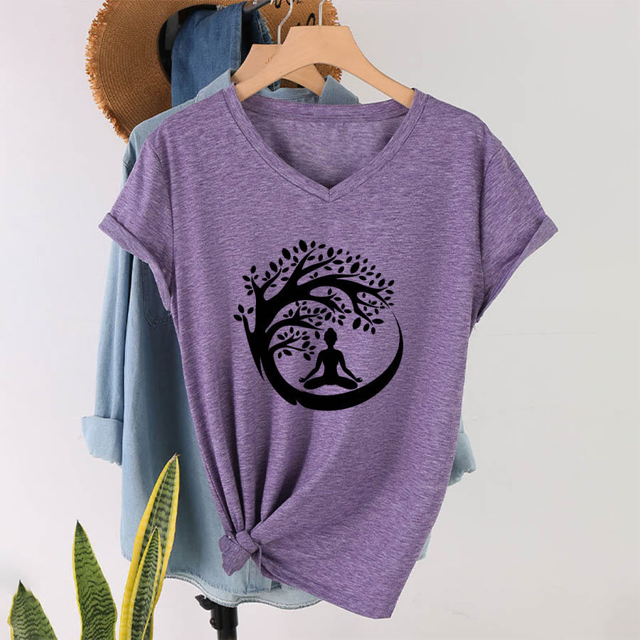 T-shirt à col en V pour femme Olivenorma Enso Circle Tree Branch Meditation Silhouette Graphic - image 37