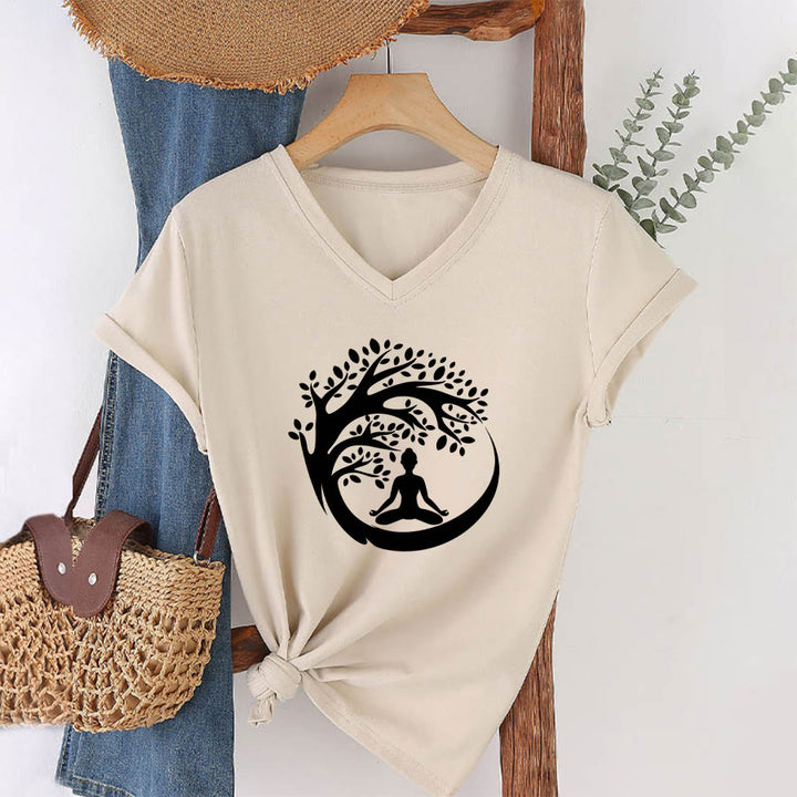 T-shirt à col en V pour femme Olivenorma Enso Circle Tree Branch Meditation Silhouette Graphic - image 13