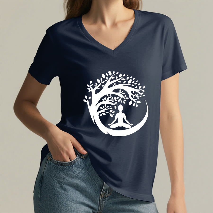T-shirt à col en V pour femme Olivenorma Enso Circle Tree Branch Meditation Silhouette Graphic - image 26