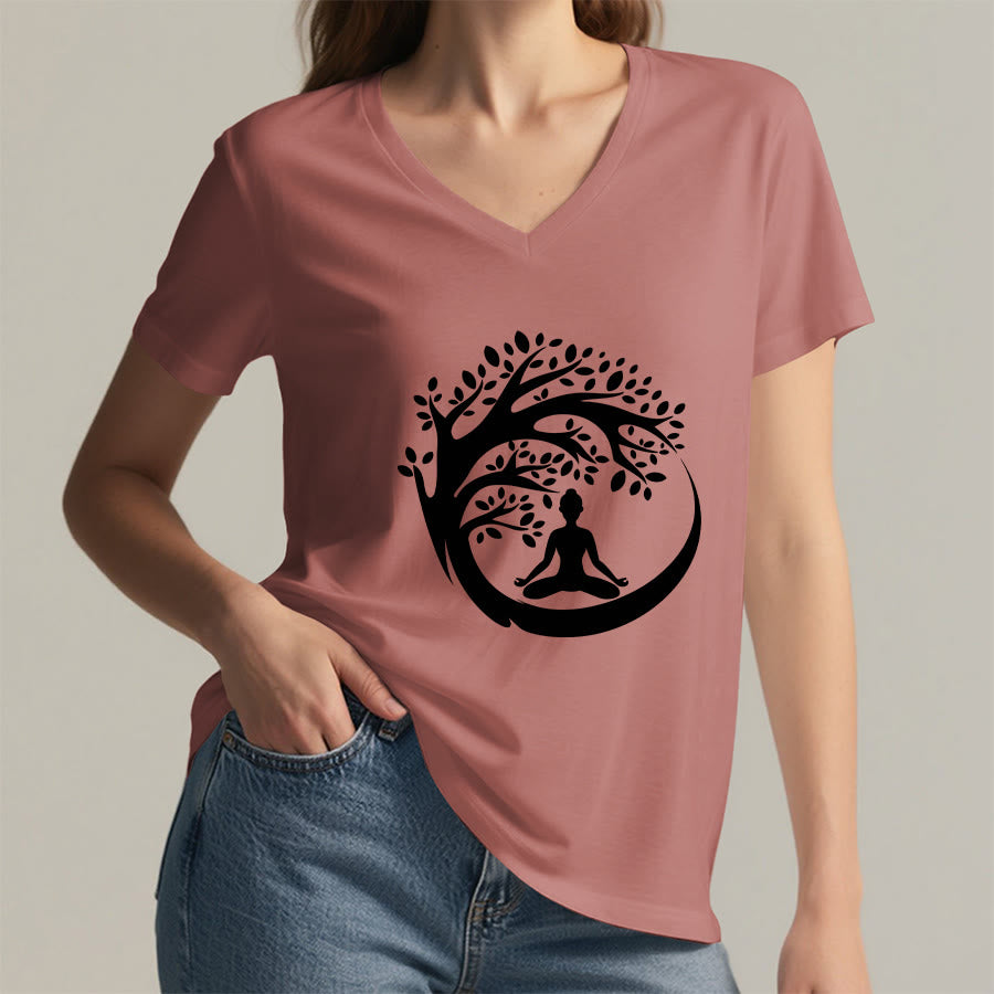 T-shirt à col en V pour femme Olivenorma Enso Circle Tree Branch Meditation Silhouette Graphic - image 2