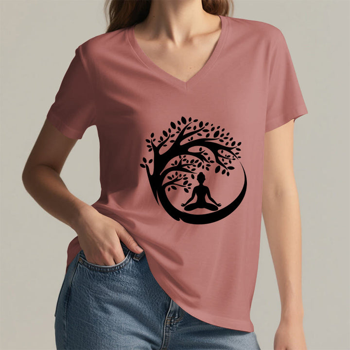 T-shirt à col en V pour femme Olivenorma Enso Circle Tree Branch Meditation Silhouette Graphic - image 2