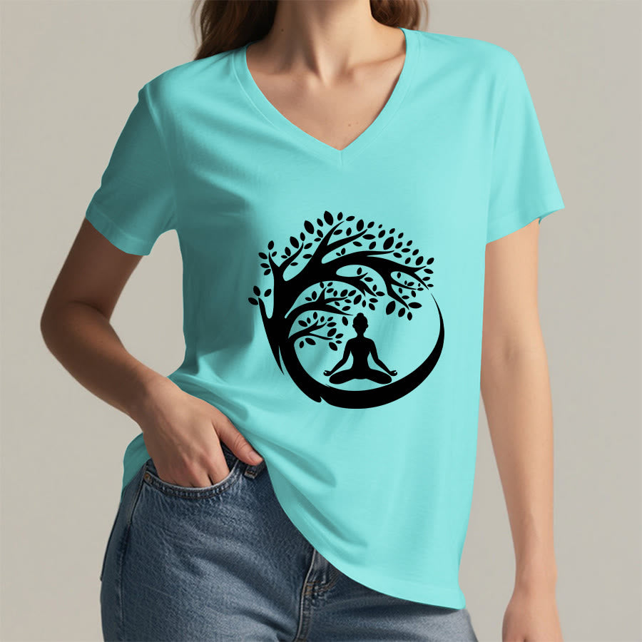 T-shirt à col en V pour femme Olivenorma Enso Circle Tree Branch Meditation Silhouette Graphic - image 17