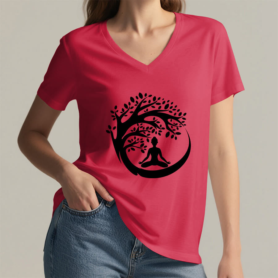 T-shirt à col en V pour femme Olivenorma Enso Circle Tree Branch Meditation Silhouette Graphic - image 29