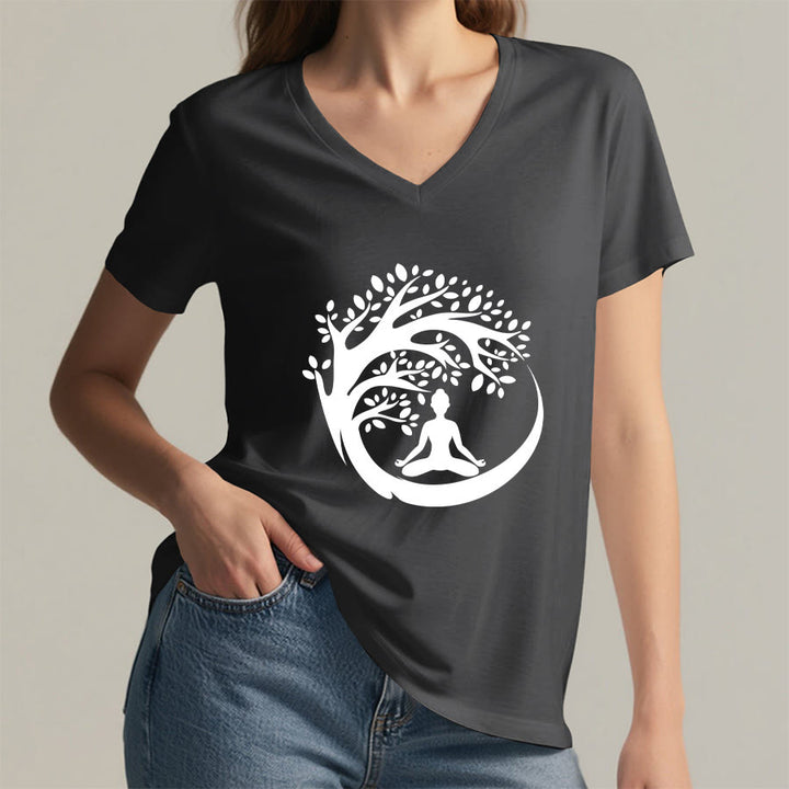 T-shirt à col en V pour femme Olivenorma Enso Circle Tree Branch Meditation Silhouette Graphic - image 23