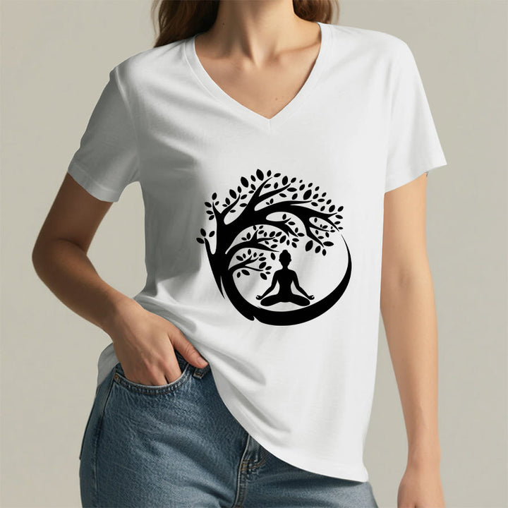 T-shirt à col en V pour femme Olivenorma Enso Circle Tree Branch Meditation Silhouette Graphic - image 5