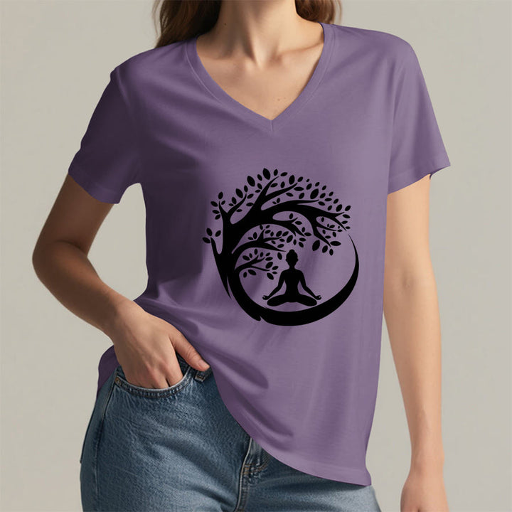 T-shirt à col en V pour femme Olivenorma Enso Circle Tree Branch Meditation Silhouette Graphic - image 38