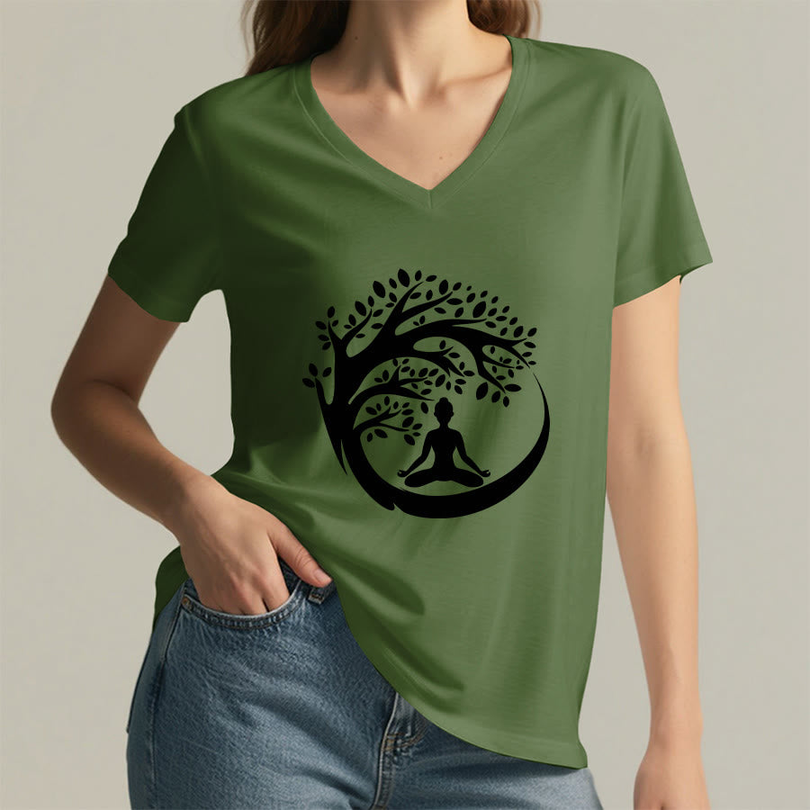 T-shirt à col en V pour femme Olivenorma Enso Circle Tree Branch Meditation Silhouette Graphic - image 11