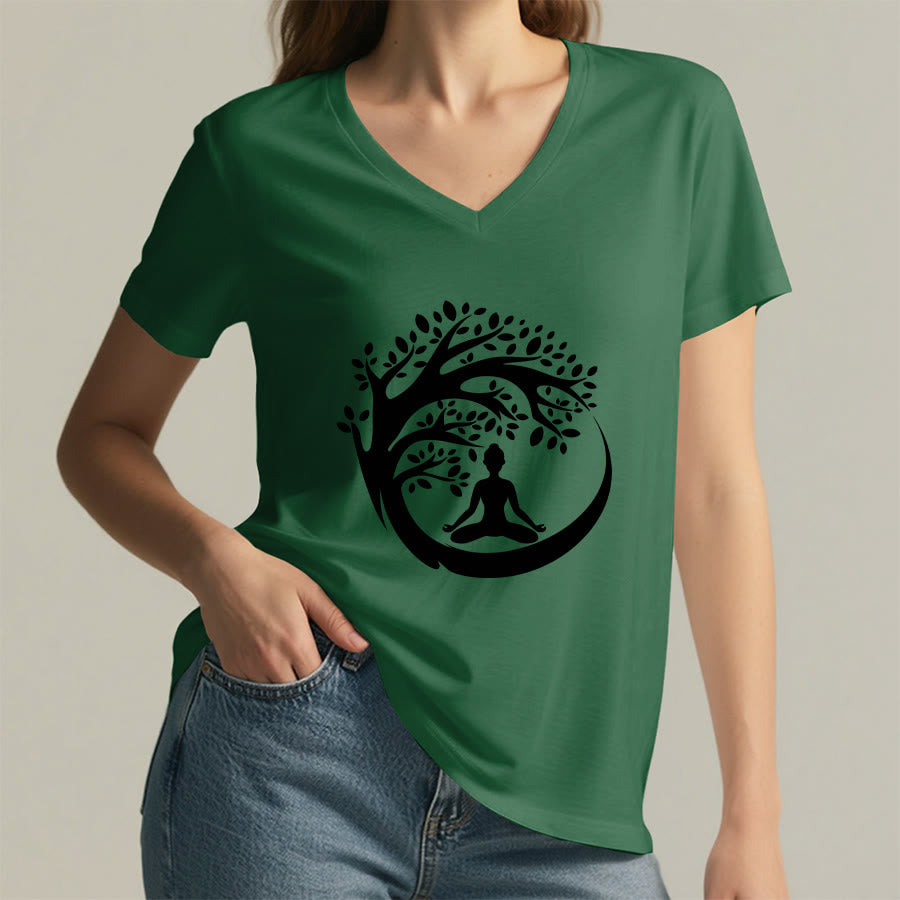T-shirt à col en V pour femme Olivenorma Enso Circle Tree Branch Meditation Silhouette Graphic - image 8