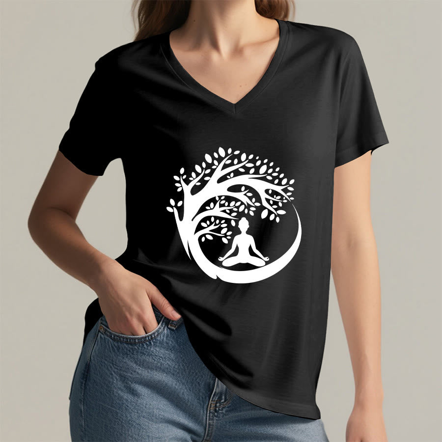 T-shirt à col en V pour femme Olivenorma Enso Circle Tree Branch Meditation Silhouette Graphic - image 20