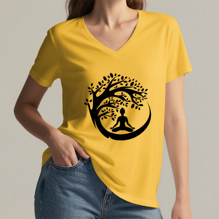 T-shirt à col en V pour femme Olivenorma Enso Circle Tree Branch Meditation Silhouette Graphic - image 32