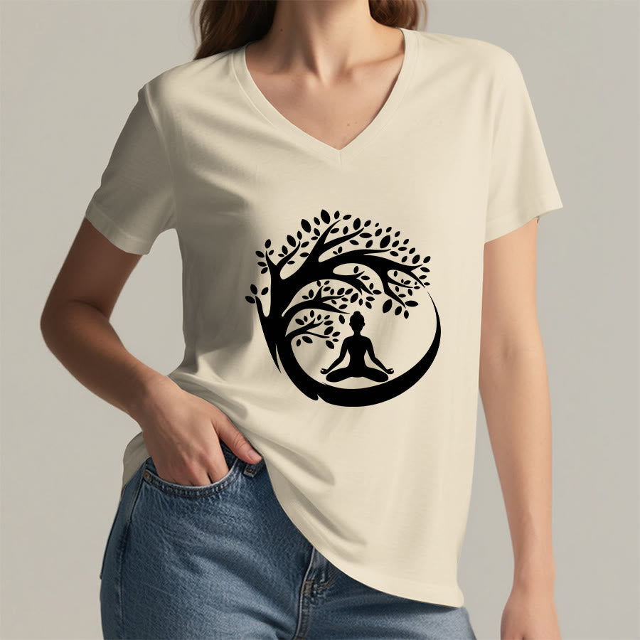 T-shirt à col en V pour femme Olivenorma Enso Circle Tree Branch Meditation Silhouette Graphic - image 14