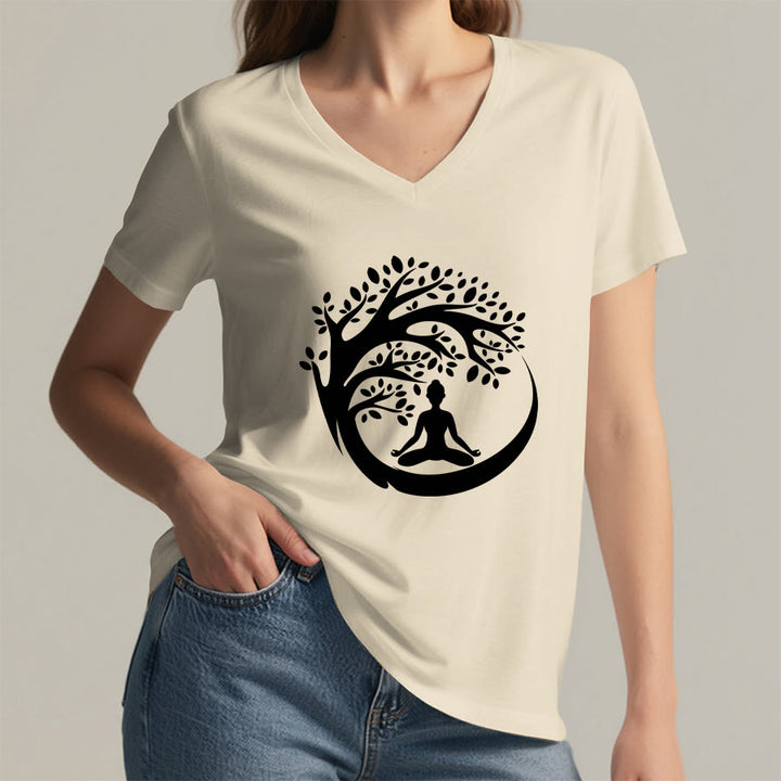 T-shirt à col en V pour femme Olivenorma Enso Circle Tree Branch Meditation Silhouette Graphic - image 14