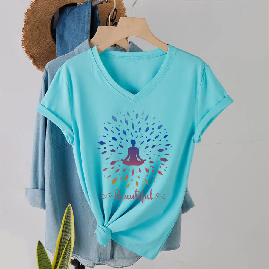 T-shirt à col en V pour femme Olivenorma, motif mandala de méditation à feuilles dégradées et belle calligraphie - Lac Bleu - 2XL - image 16