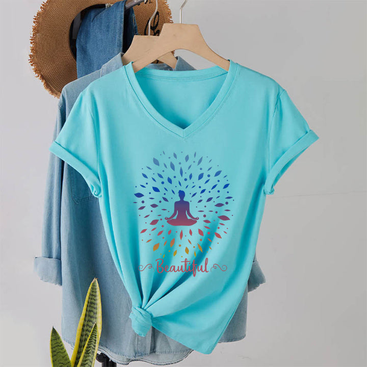 T-shirt à col en V pour femme Olivenorma, motif mandala de méditation à feuilles dégradées et belle calligraphie - Lac Bleu - 2XL - image 16