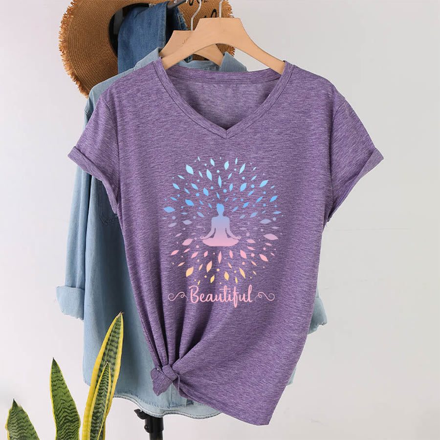 T-shirt à col en V pour femme Olivenorma, motif mandala de méditation à feuilles dégradées et belle calligraphie - Violet - 2XL - image 37