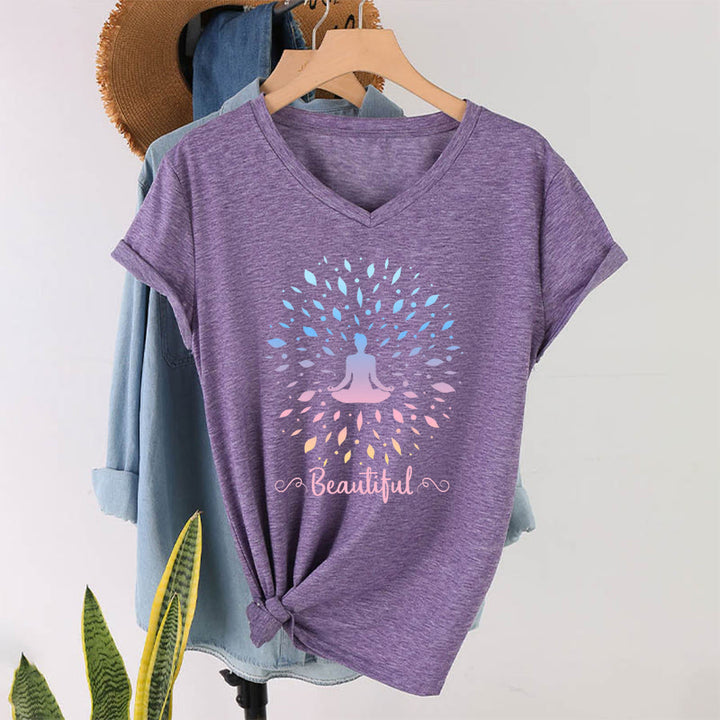 T-shirt à col en V pour femme Olivenorma, motif mandala de méditation à feuilles dégradées et belle calligraphie - Violet - 2XL - image 37