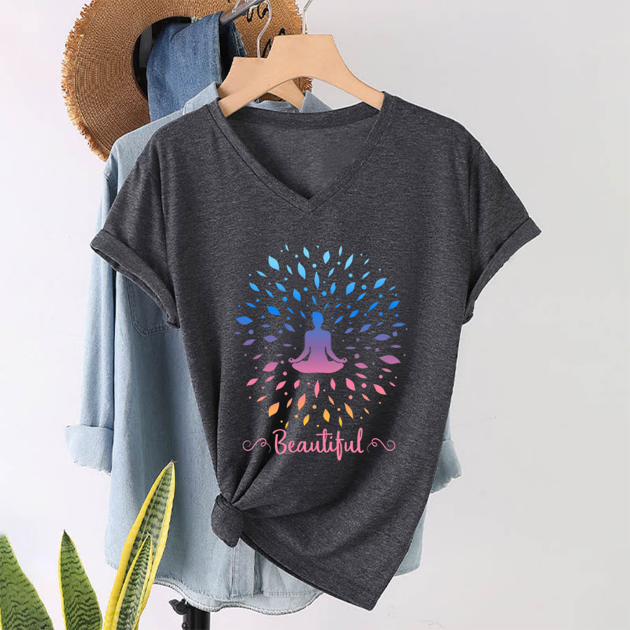 T-shirt à col en V pour femme Olivenorma, motif mandala de méditation à feuilles dégradées et belle calligraphie - Gris - 2XL - image 19