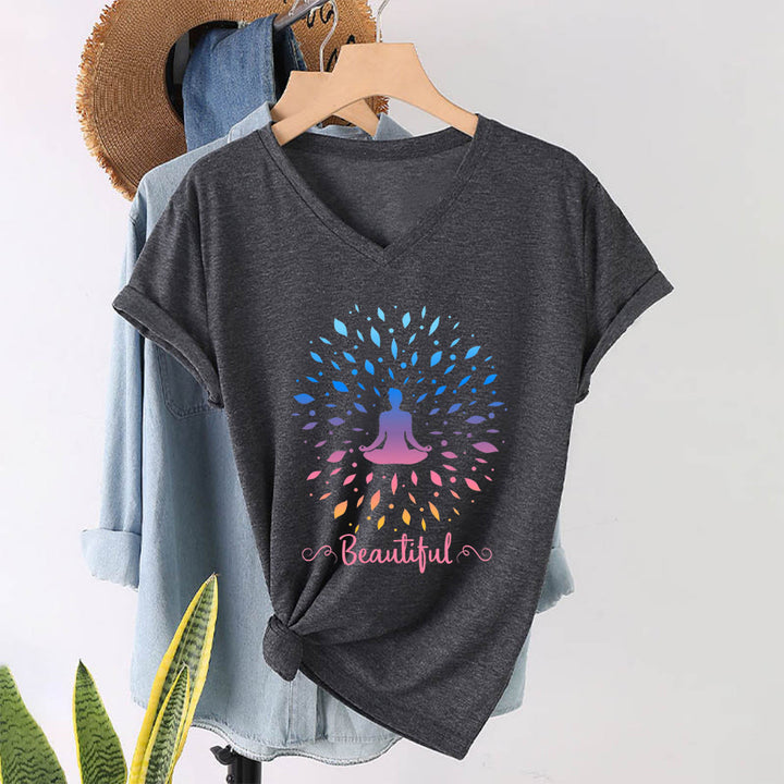 T-shirt à col en V pour femme Olivenorma, motif mandala de méditation à feuilles dégradées et belle calligraphie - Gris - 2XL - image 19