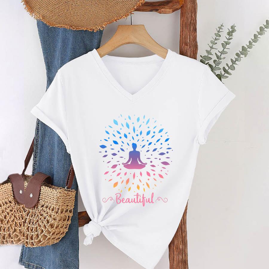 T-shirt à col en V pour femme Olivenorma, motif mandala de méditation à feuilles dégradées et belle calligraphie - Blanc - 2XL - image 22