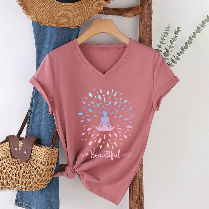 T-shirt à col en V pour femme Olivenorma, motif mandala de méditation à feuilles dégradées et belle calligraphie - Rose - 2XL - image 13